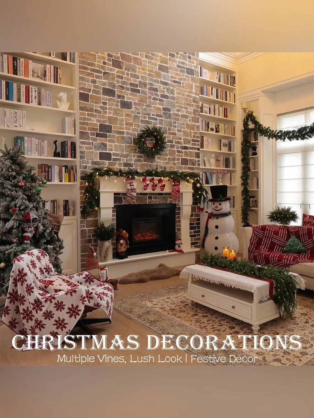 6 Feet Christmas Garland Decorations - Real Touch Cedar - Free LED String Lights